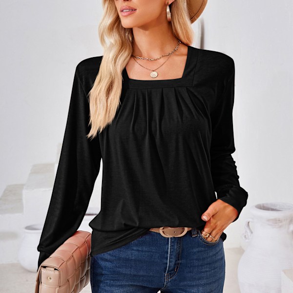 Dam Plisserad Långärmad Blus Enfärgad Lös Passform Elegant Casual Tunika Svart XXL