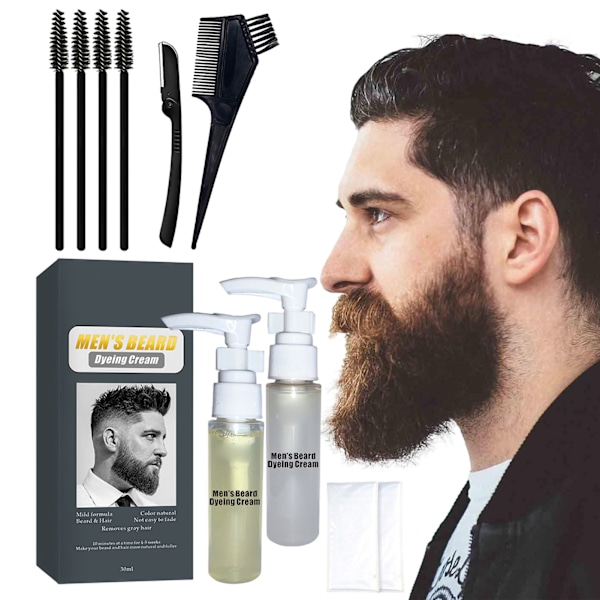 Skäggfärg för män, mild formula, gråhårstäckning, mångsidig färg, långvarig, vattenresistent, komplett kit, naturligt utseende, hälsosamt ansiktshår,