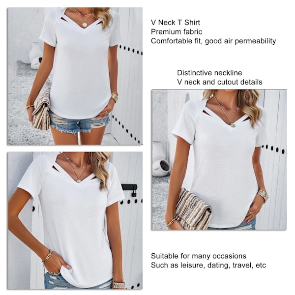Dam V-ringad T-shirt Enfärgad Andningsbar Hög Komfort Casual Kortärmad Topp för Vår Sommar Vit M