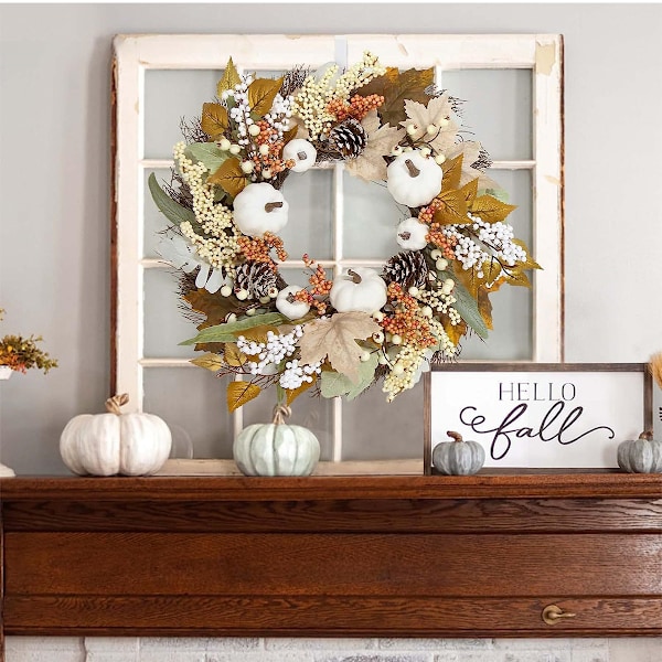 Neutrala höstkransar för ytterdörren - Utomhus höstdekorationer för hem och veranda, neutral stor höstkrans för Halloween Thanksgiving Harvest 35cm