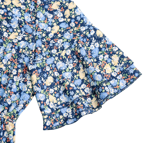 Damklänning Rund Hals Hög Midja Volang Kort Ärm Polyester A-linjekjol för Sommar Blå XL