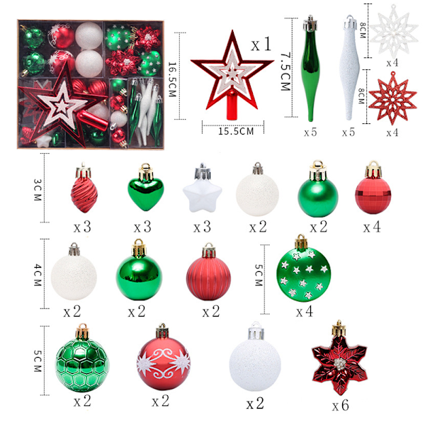 58pcs Christmas Tree Hanging Ornament Set Colorful Shatterproof