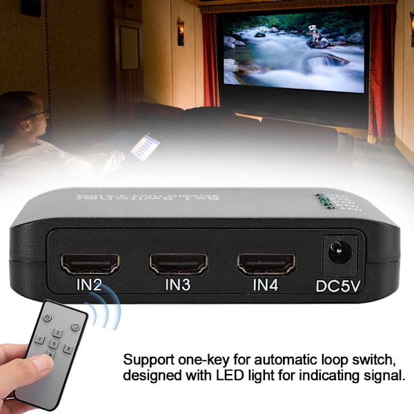 4K HDMI 2.0 Switch 5 Ingångar 1 Utgång HD IR Fjärrkontroll Splitter Adapter med LED-Indikator Svart