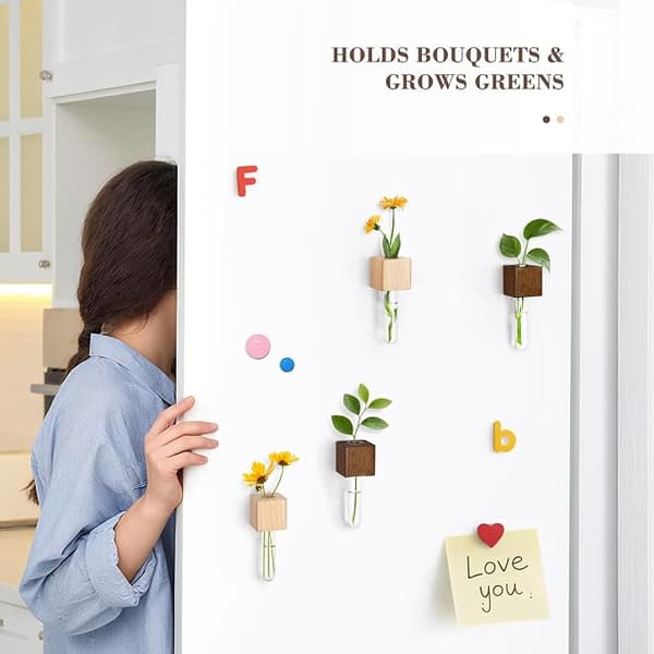 Magnetiska provrörsblomvaser för kylskåp, set med 2 träkrukor med magnet för kylskåp med glasrör – Lätta &