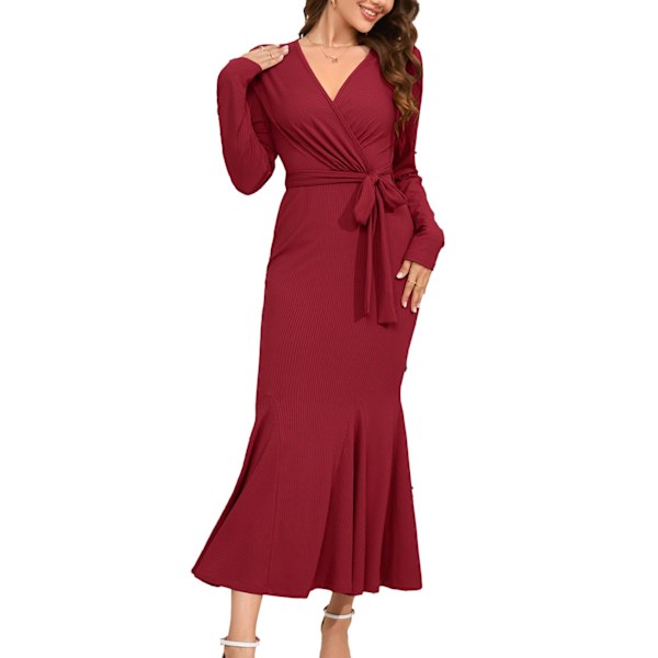 Dam Midje Slimmande Fishtail Klänning Smal Knytband Midja Enfärgad Casual Stickad V-ringad Långärmad Bodycon Fishtail Lång Klänning Röd XXL