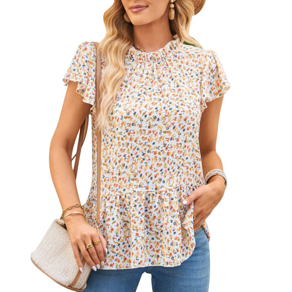 Dam Blommig Kortärmad Chiffongskjorta Sommar Mode Elegant Dam Volang Kortärmad Chiffongblus Aprikos M