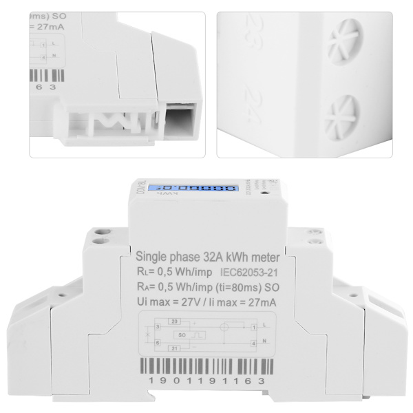 1-fasig LCD-digital display, DIN-skena, elförbrukning, energimätare