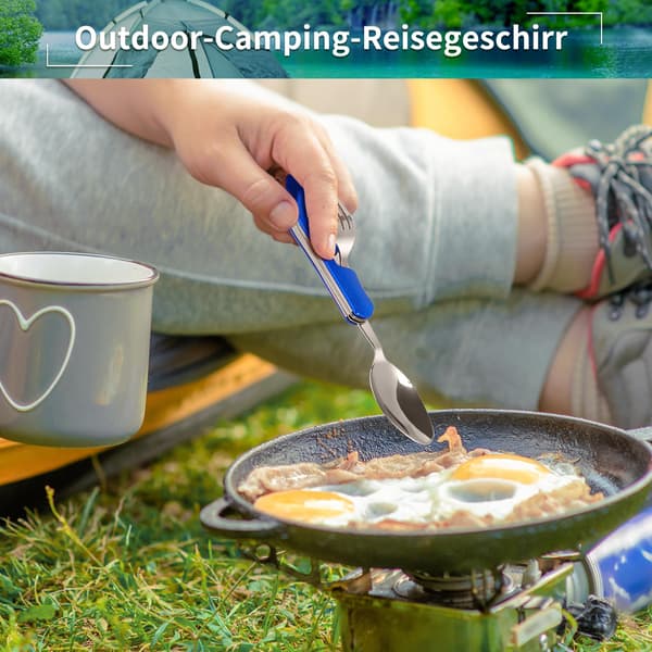 Vikbart campingbestickset 4-i-1 i rostfritt stål: Flasköppnare, kniv, gaffel och sked (Blå)