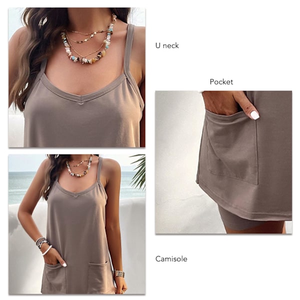Spaghetti Strap Kort Set Ficka Casual Figurnära Enfärgad U Ringad Strap Kort Kit för Kvinnor Khaki XL