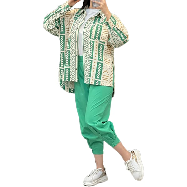 Dam 2-dels Set Avsmalnande Muddbyxor Grafiskt Tryck Lös Passform Loungewear Set Grön XL