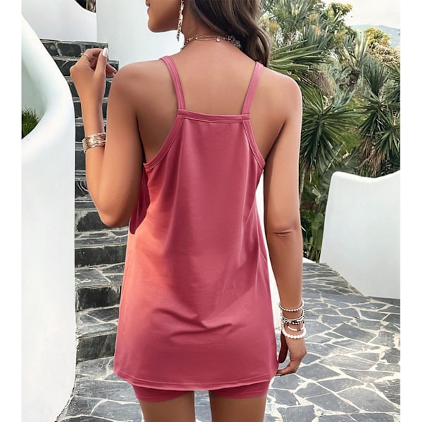 Spaghetti Strap Kort Set Ficka Casual Figurnära Enfärgad U-ringad Rem Kort Kit för Kvinnor Röd S