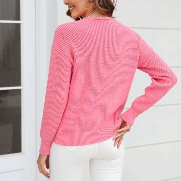 Damstickad Tröja Enfärgad Mode Stil Casual Slim V-ringad Långärmad Pullover Jumper Rosa L