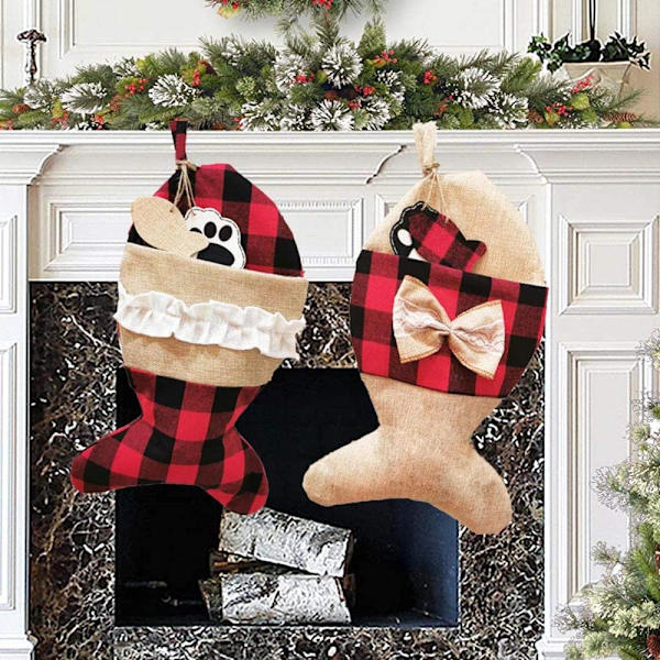 Pet Christmas Stockings Set of 4 Burlap Plaid Stocking for Cat