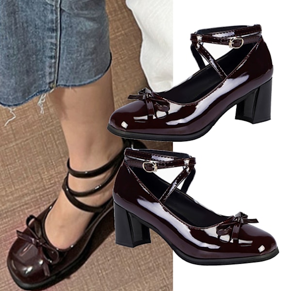 Dam Bow Högklackade Skor Enfärgad Elegant PU Läder Remmar Stängd Tå Ankelrem Pumps Skor Vinröd 39 /34.5cm