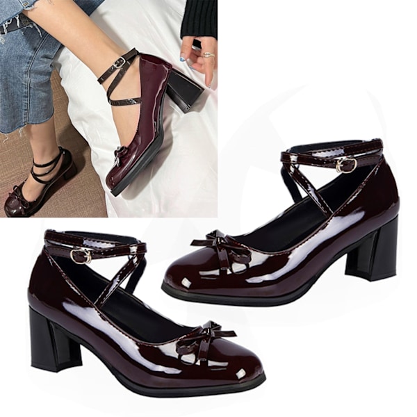 Dam Bow Högklackade Skor Enfärgad Elegant PU Läder Remmar Stängd Tå Ankelrem Pumps Skor Vinröd 39 /34.5cm