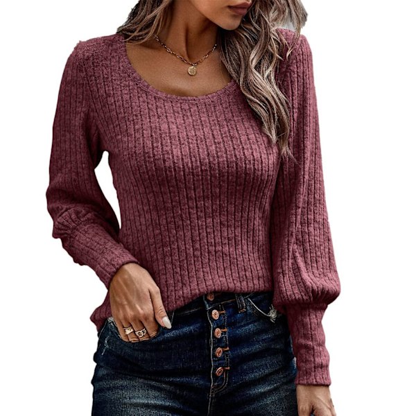 Långärmad puffärm Crewneck Topp Dam Casual Trendig Enfärgad Elastisk Manschett Ribbad Skjorta Blus Vinröd S