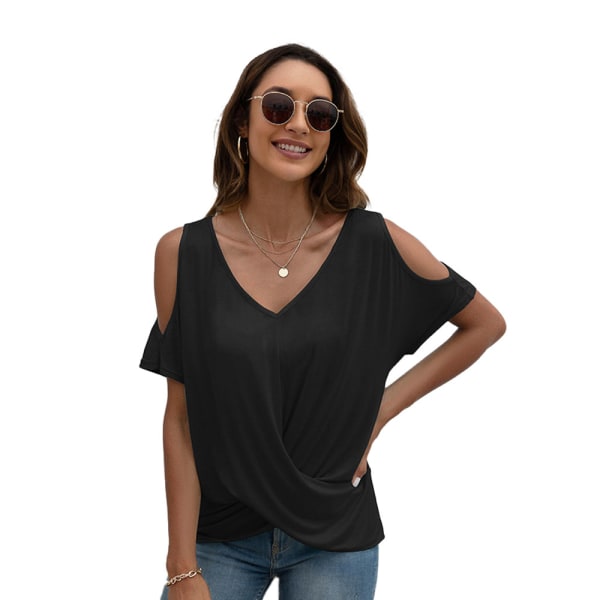Kortärmad bas T-shirt för kvinnor med korsfåll (svart)