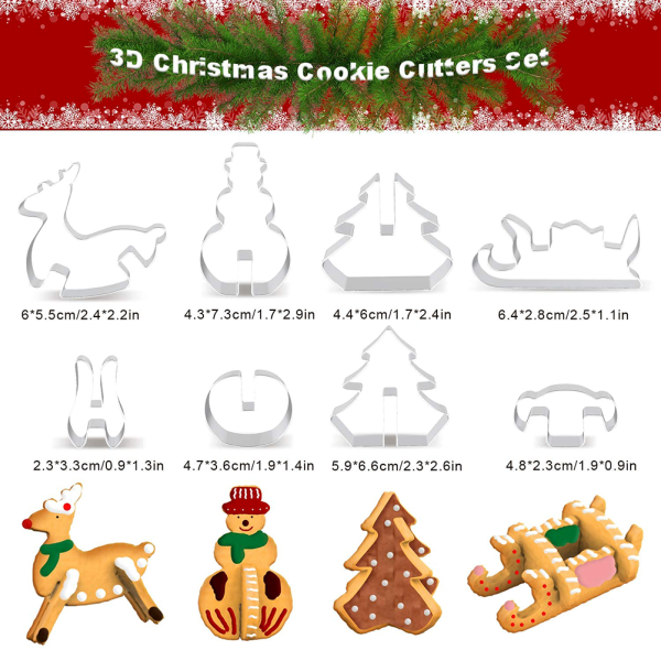 8PCS/Set 3D rostfria formar med julgran snögubbe