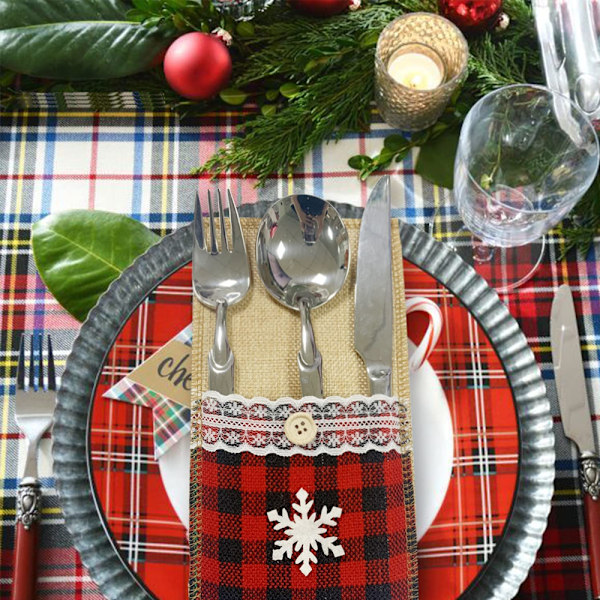 Christmas Cutlery Holder Bag Set of 12, Red Plaid Burlap Lace