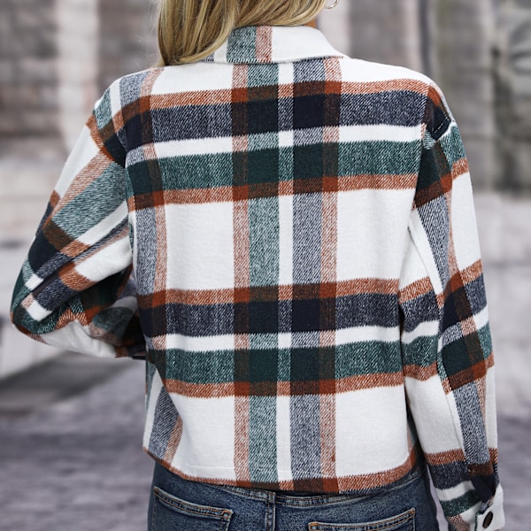Kort Rutig Jacka Mode Casual Dam Check Kappa Nedvikt Krage Långärmad med Ficka Grön M