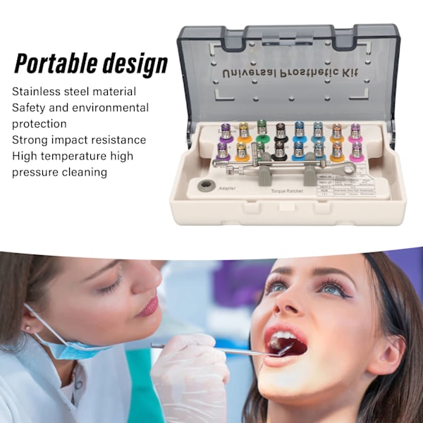 Protetiskt kit för universell implantatreparation, justerbar momentnyckel med färgkodning, säkerställer precision och snabbhet