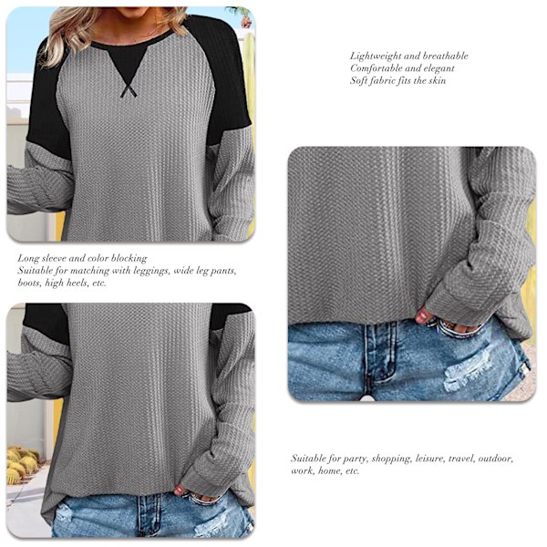 Dam Färgblockering Långärmad Rundhalsad T-shirt Elegant Rund Hals Kvinnliga Damer Färgblock T-shirt Ljusgrå S