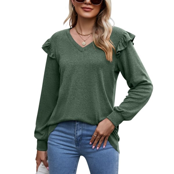 Lös casual flugärm volang V-ringad långärmad T-shirt (grön)