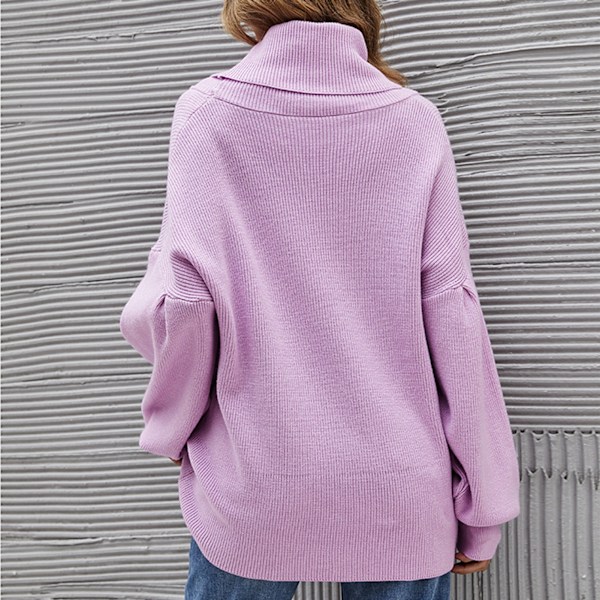 Hög Krage Stickad Tröja Lykta Ärm Lös Enfärgad Långärmad Pullover Fritidströja för Kvinnor Lila S