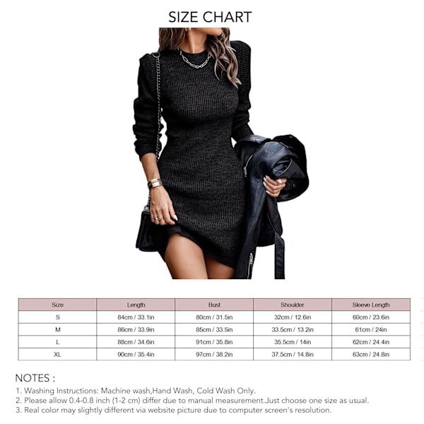 Crewneck Långärmad Tröjklänning Dam Stilren Elegant Enfärgad Bodycon Stickad Klänning för Kontorsarbete Svart S