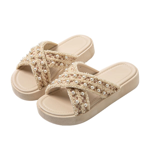 Cross Sommar PVC Tofflor Öppen Tå Lättvikt Mjuk Tjock Sula Slide Tofflor för Kvinnor Utomhus Beige 38-39
