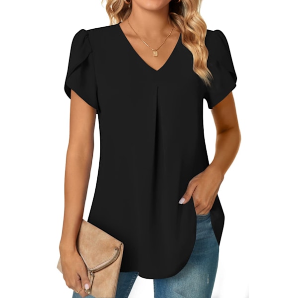 Dam Sommar Festliga Chiffongblusar V-ringad Kort Petal Ärm Casual Plisserad Basic T-shirts Svart L