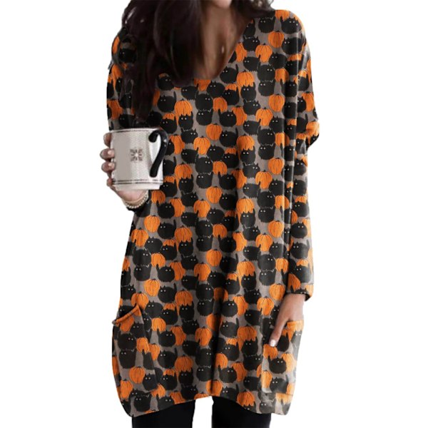 Damklänning En Del Sovkjol Halloween Design Långärmad Rund Hals med Stora Fickor Typ 4 S