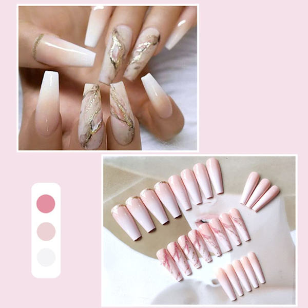 Nude Press On Nails Coffin Långa Falska Naglar Akryl Gradient