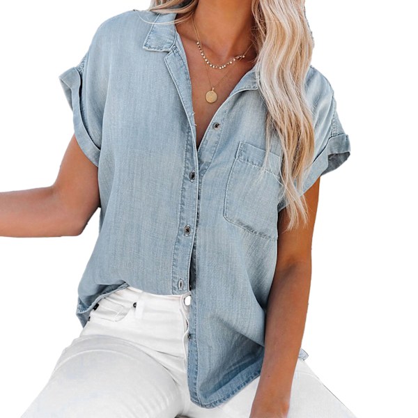 Denimblus Kort Ärm Nedvikt Krage Ficka Fram Enkelknäppt Denimskjorta Topp för Kvinnor Ljusblå XL