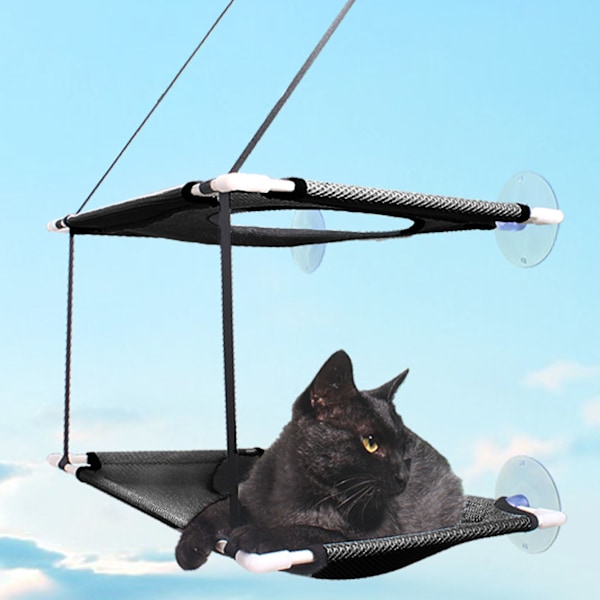 Kattfönsterhängmatta Säng Stabil Sugkopp Dubbla Lager Mjuk Enkel Installation Kattfönster Abborre Hängmatta Sits för Balkong Svart