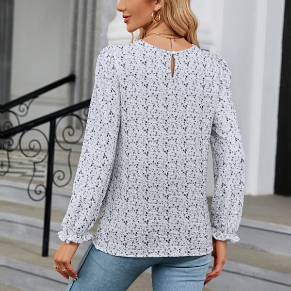 Dam Blommig Tryck Topp Rund Hals Långärmad Casual T-shirt för Daglig Fritid Utomhusaktiviteter Svart XXL