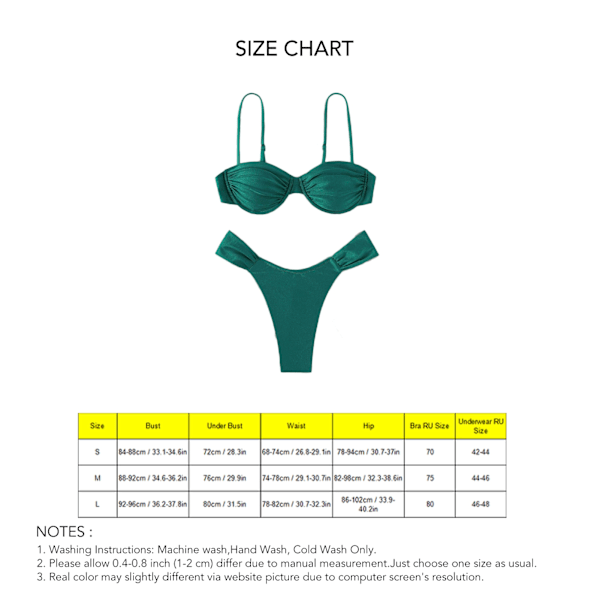 Dam 2-delad Bikini Set Enfärgad Rynkad Bygel Bikini Set Spaghettiband Top BH Trosor Baddräkt Ren Färg Baddräkt Svartaktig Grön S