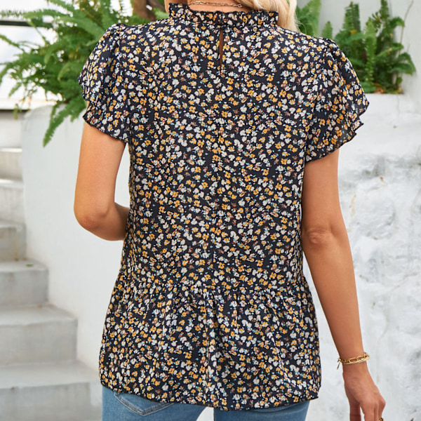 Dam Blommig Kortärmad Chiffongskjorta Sommar Mode Elegant Dam Volang Kortärmad Chiffongblus Svart M