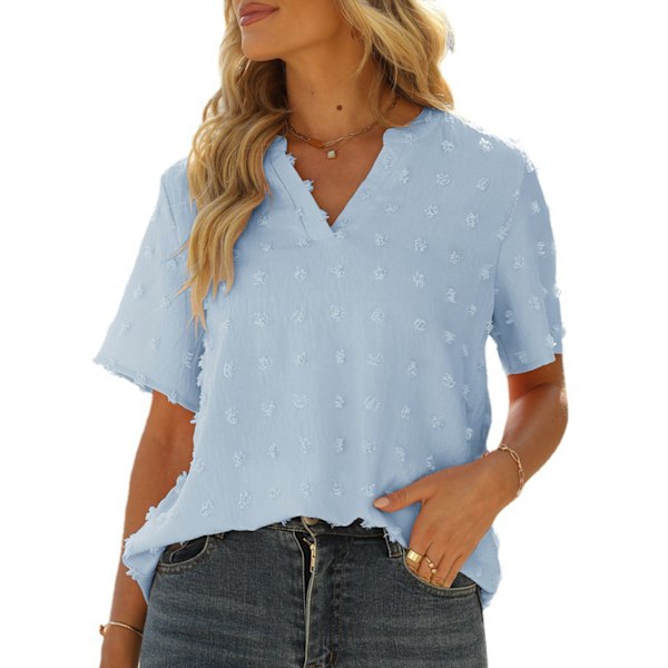Dam Kortärmad Topp Mode Mjukt Andningsbart Jacquard V-ringad T-shirt med Hårboll Blå XL