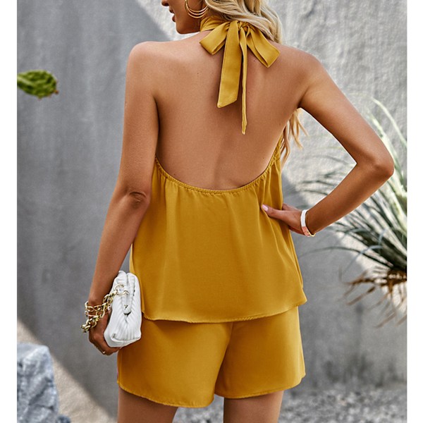 Ärmlös Tvådelad Set Rund Hals Lös Casual Dam T-shirt Shorts Set För Hemma Shopping Semester Gul M