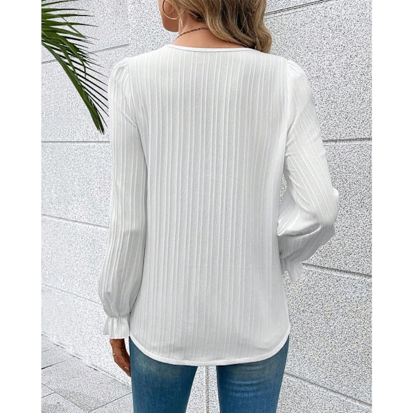 Långärmad topp för kvinnor V-ringad spetskant Elegant lyktärm Casual blus för kvinnor Vit S