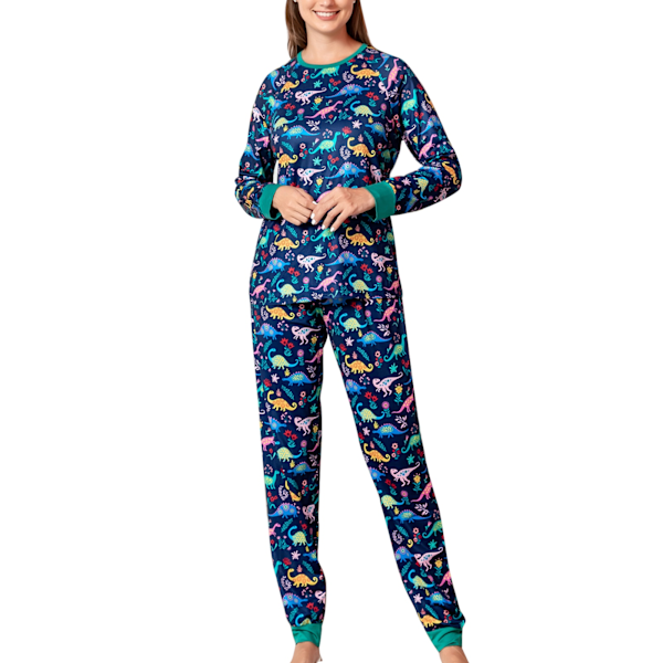Jul Familj Pyjamas Tecknad Dinosaurie Tryck Rund Hals Långärmad Sovkläder för Hemma Blå KVINNOR M