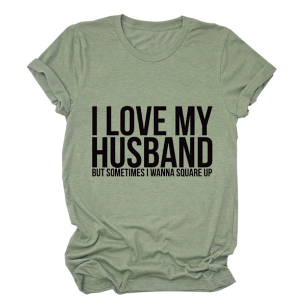 Dam Alfabet Tröja Mode I LOVE MY HUSBAND Bokstavstryck Lös Dam Rund Hals Kortärmad T-shirt Topp Olivgrön (Svart Font) S