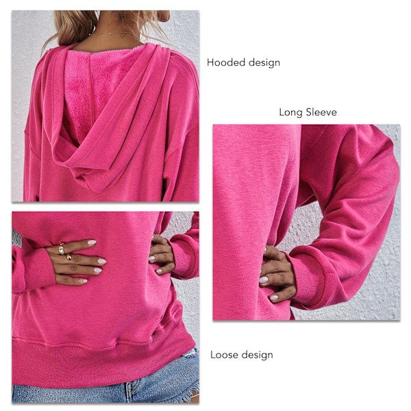 Dam Hoodie Långärmad Lös Bekväm Enfärgad Fleecefodrad Pullover Dam Huvtröja Rosröd M