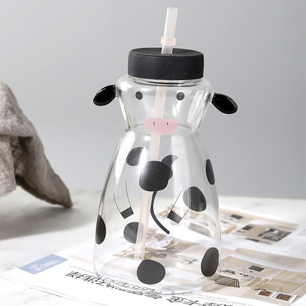 600ML Kreativt Glas Sugrör Mugg Ko Form Glas Mugg med Sugrör