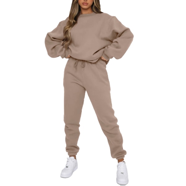 Dam Sweatshirt Set Enfärgad Långärmad Rundhals Dragsko Elastisk Midja Byxor Outfit med Fickor Khaki S