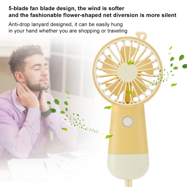Handhållen USB Mini Fläkt 3 Hastigheter Uppladdningsbar Bärbar Luftkylare med LED-Lampa för Hemmet Utomhus Gul