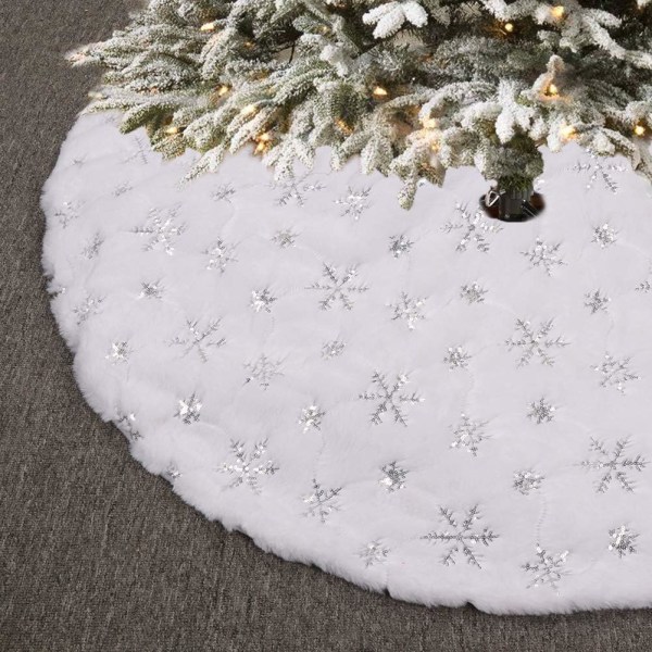 48 inches Christmas Tree Skirt, Faux Fur Snowflake Sequin