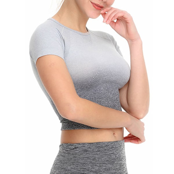 Dam Sport Yoga Gym Kortärmad Kläder Crop Top Träning Fitness (Grå L)