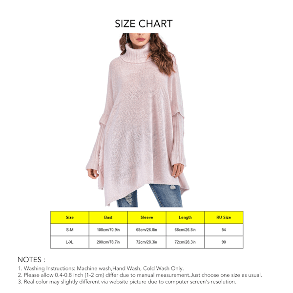 Dam Oversized Tröja Långärmad Polokrage Batwing Stickad Sidosprund Pullover Tröja Rosa S‑M